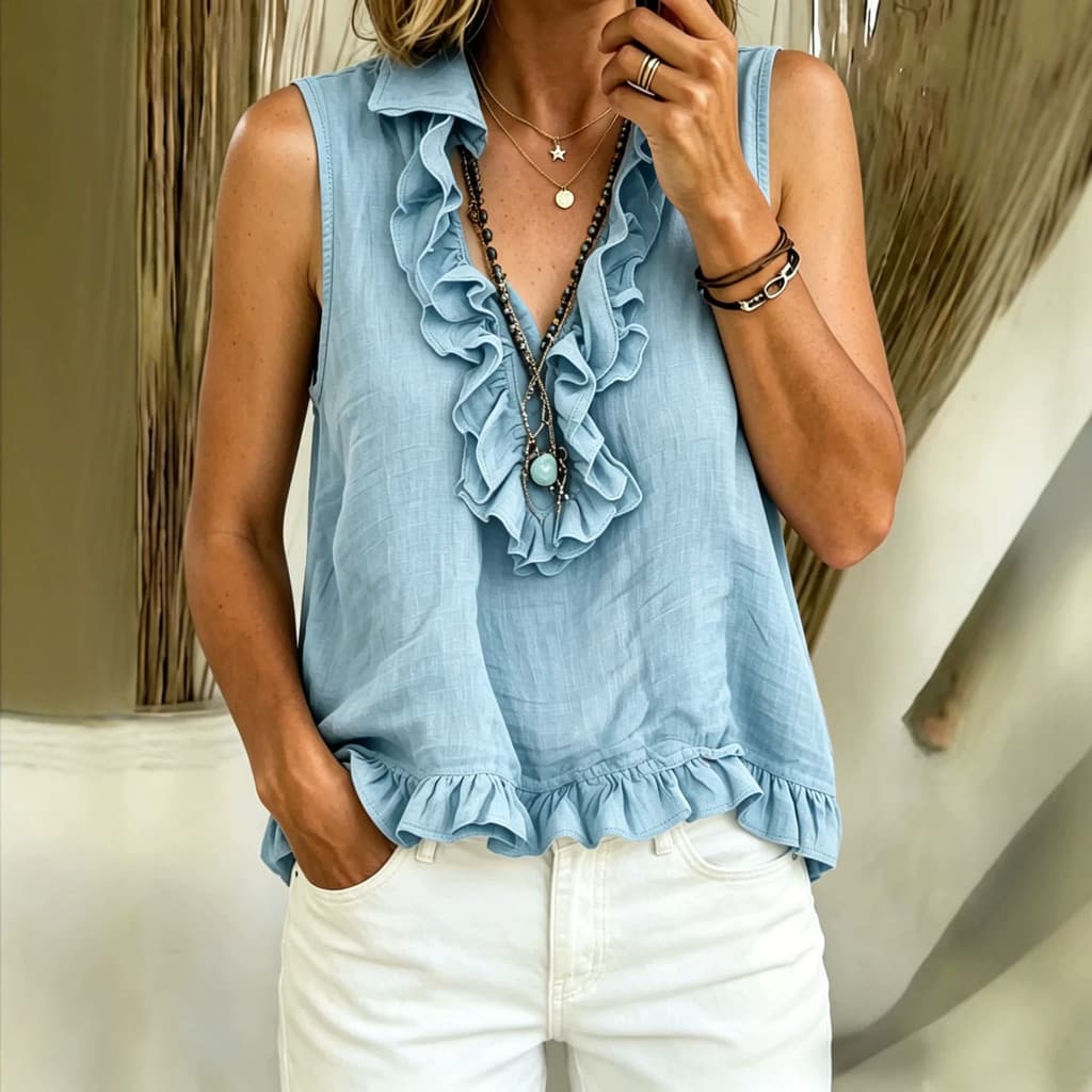 Colete feminino sem mangas solto moda camisa estilo babados novo produto lazer férias