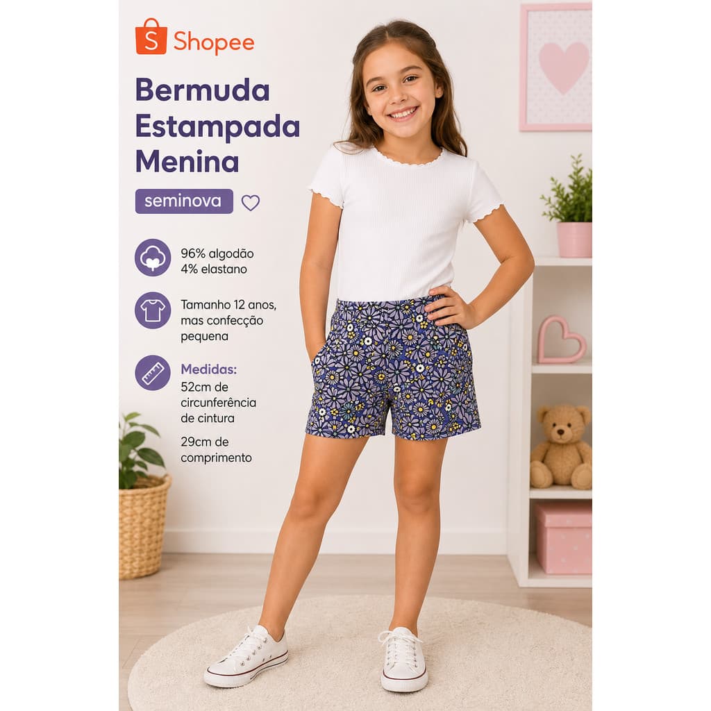 Bermuda Estampada Menina Seminova 96% Algodão 4% Elastano Tamanho 12