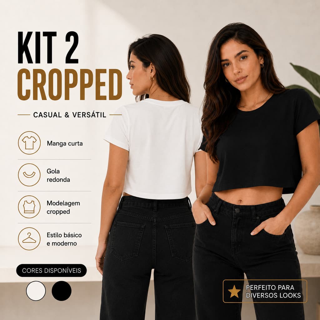 Kit 2 Camiseta Cropped Feminina Básica Manga Curta Gola Redonda Blusa Casual 100% Algodão