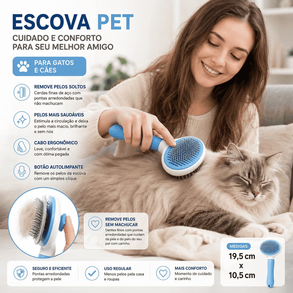 Escova Super Pet Autolimpante para Cães e Gatos Azul