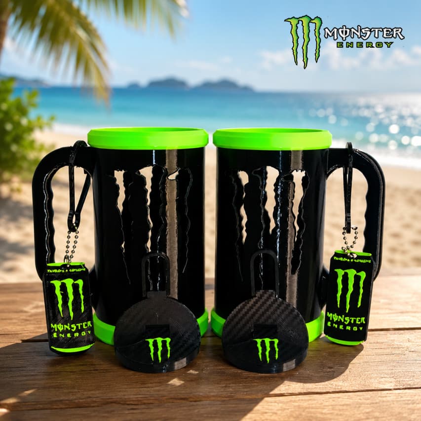 Kit Caneca Porta Lata Monster Térmica Verde Neon Personalizada com Tampa, Abridor e Chaveiro | Com ou Sem Nome