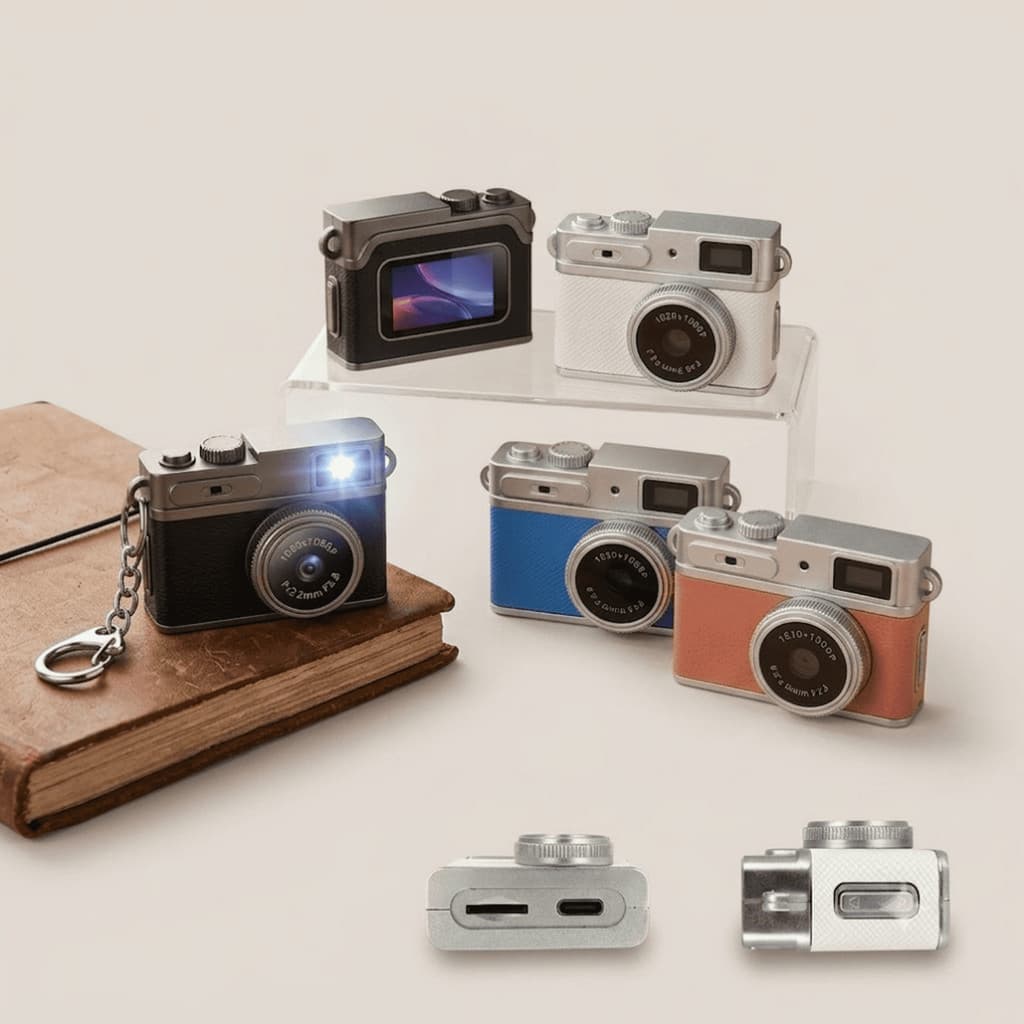 Mini Câmera Digital Retrô Vintage 1080P HD Tela IPS LED Tira Foto Grava Vídeo Chaveiro USB-C