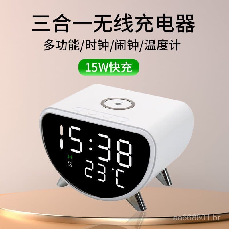 Relógio Despertador Multifuncional de 15W com Medidor de Temperatura, Carregador Sem Fio LED para Celular, Carregador Se
