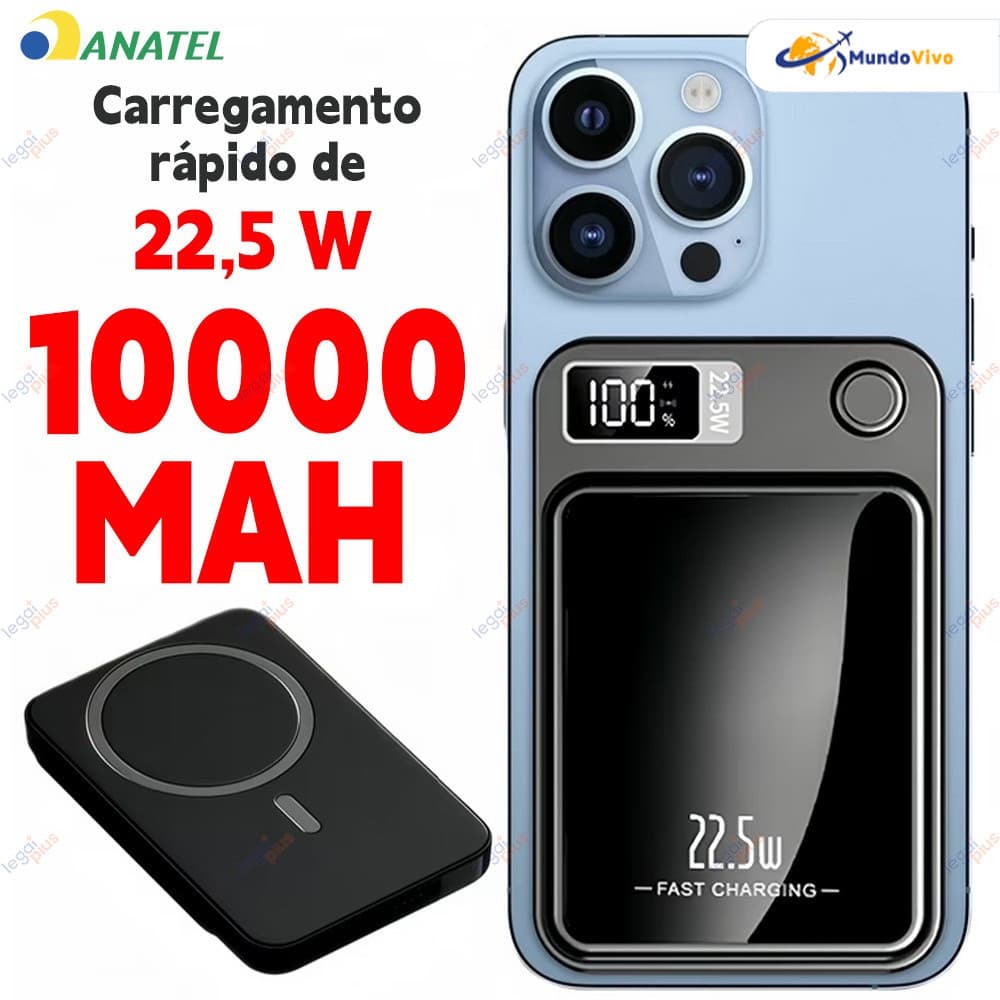 Power Bank MagSafe 10000 mAh com Tela - Carregador Sem Fio por Indução para Celular Android e iPhone