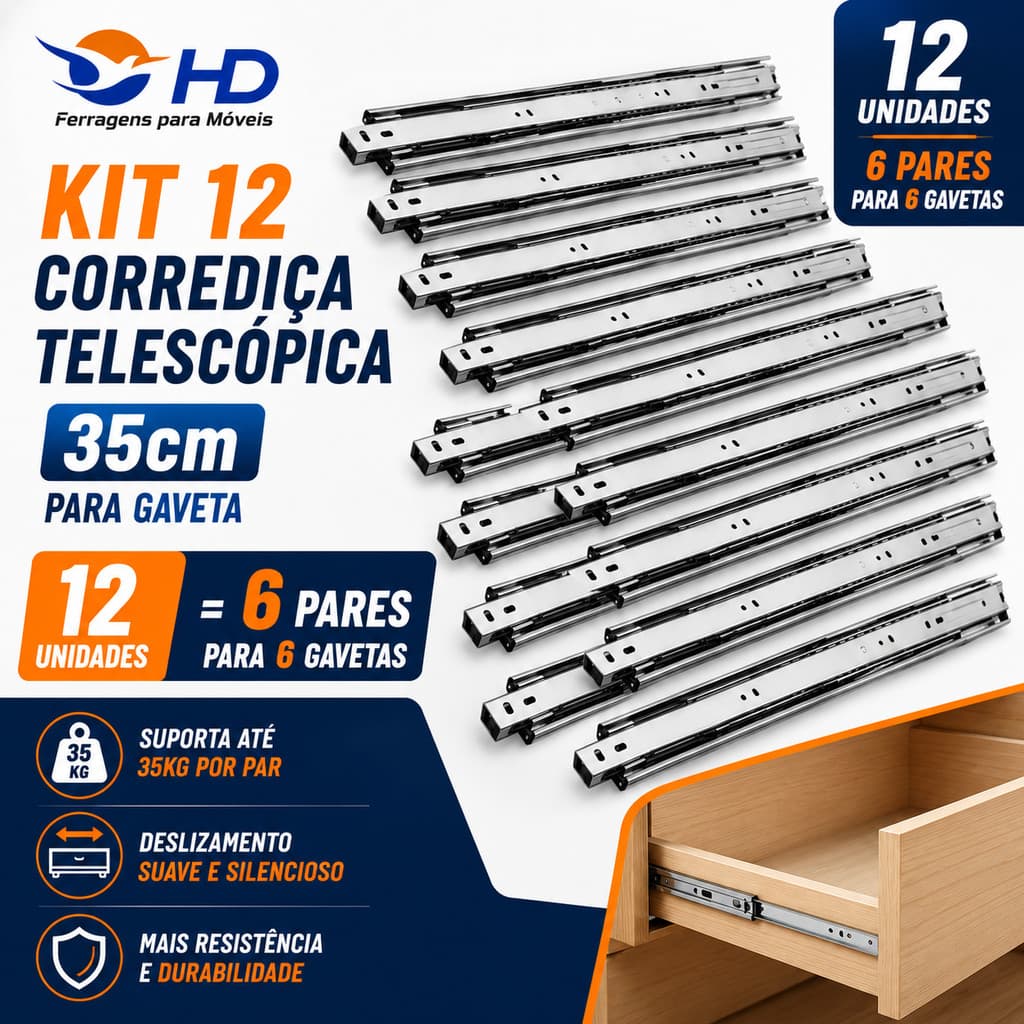 Kit 12 Corrediça Telescópica 35cm Para Gaveta Trilho 6 Par (Com ou Sem Parafuso)