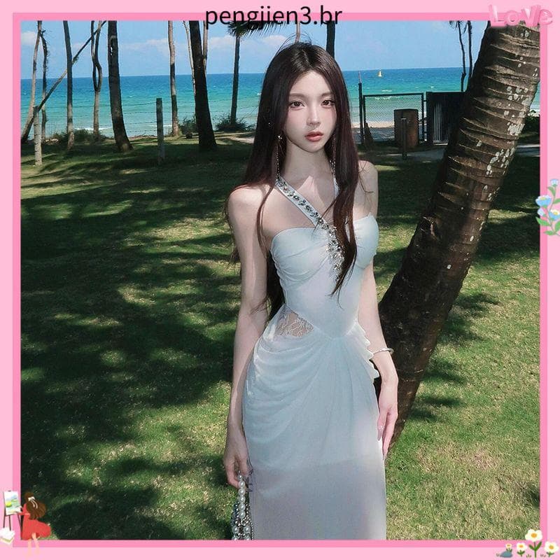 Francês indústria pesada diamante-cravejado branco Halterneck vestido feminino verão elegante celebridade Fishtail saia