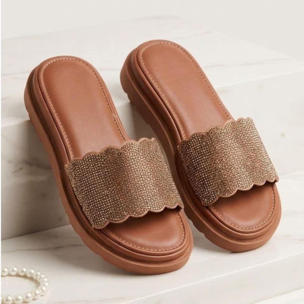 Sandália Slide Feminina Caramelo Strass Solado Grosso Plataforma