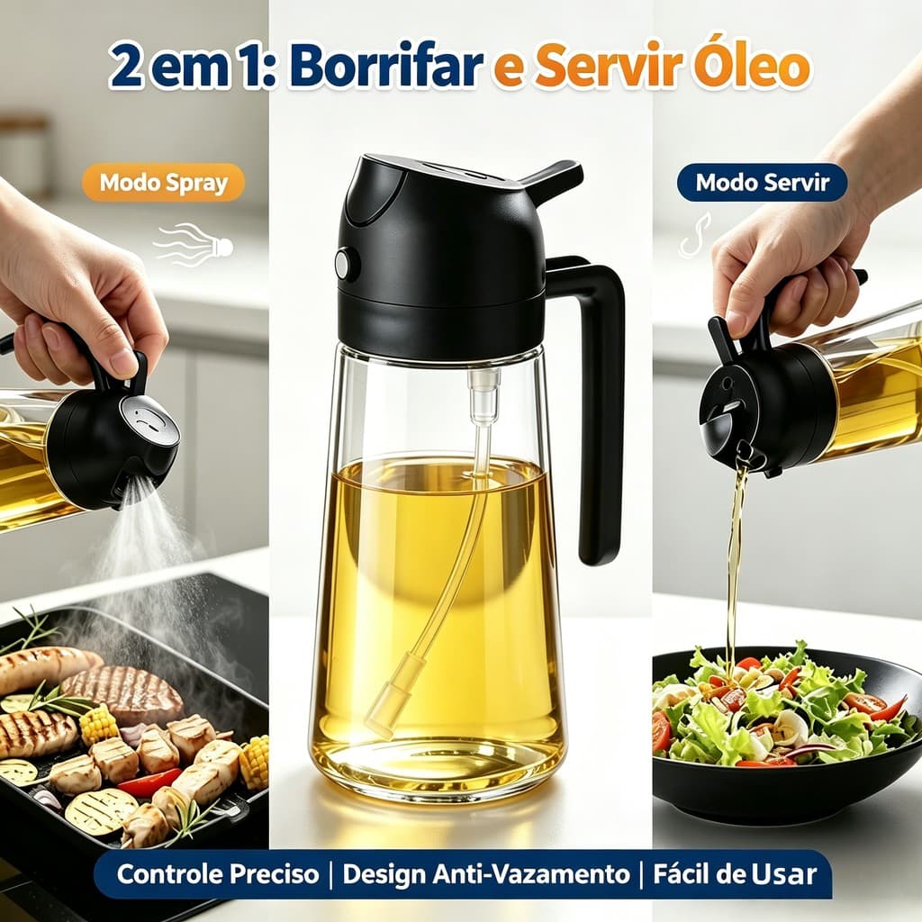 Galheteiro Pulverizador Spray e Dosador de Azeite 2 em 1 - Vidro Premium e Bico Inteligente