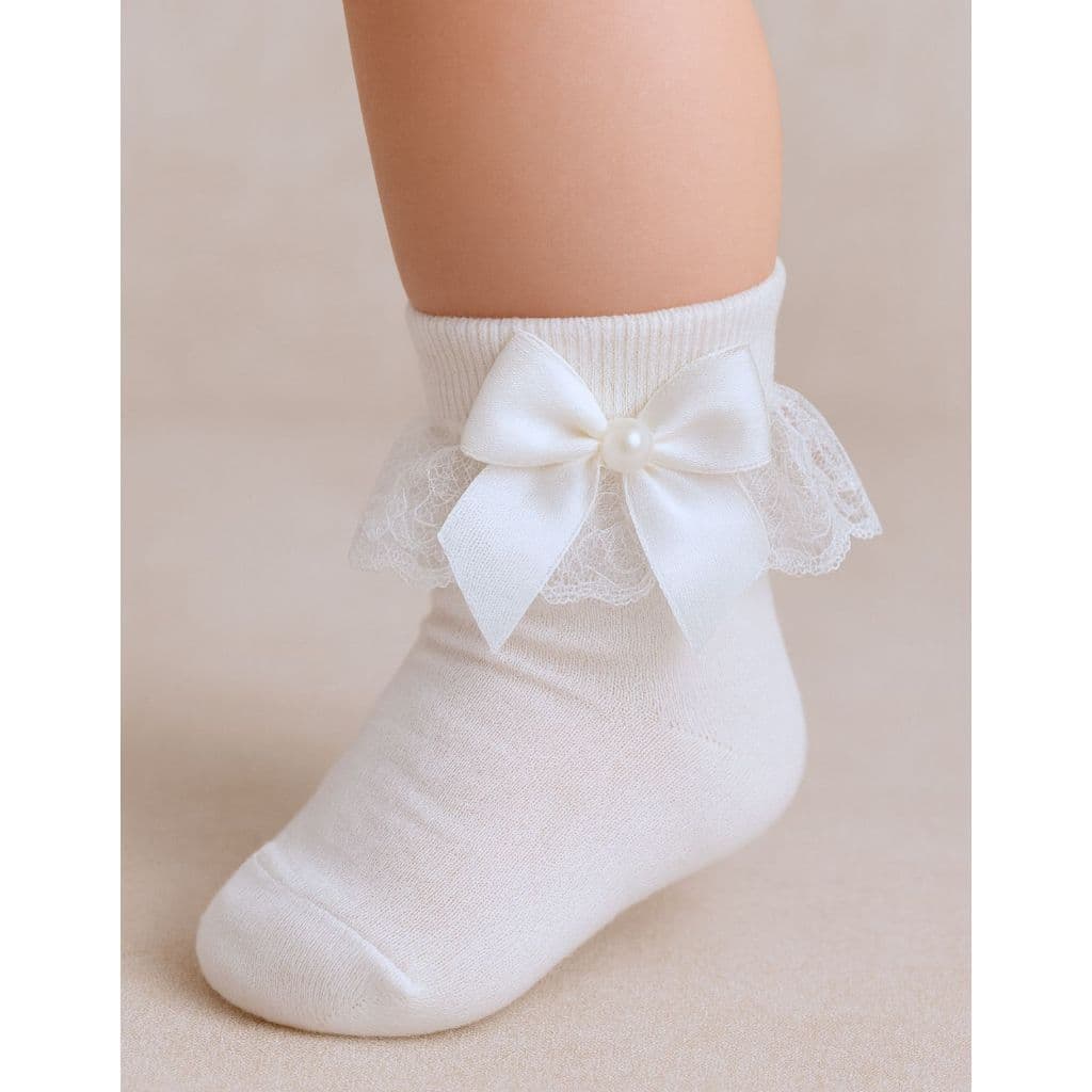Meia Infantil Bebê Com Renda e Laço Lateral Delicada Confortável Menina Elegante