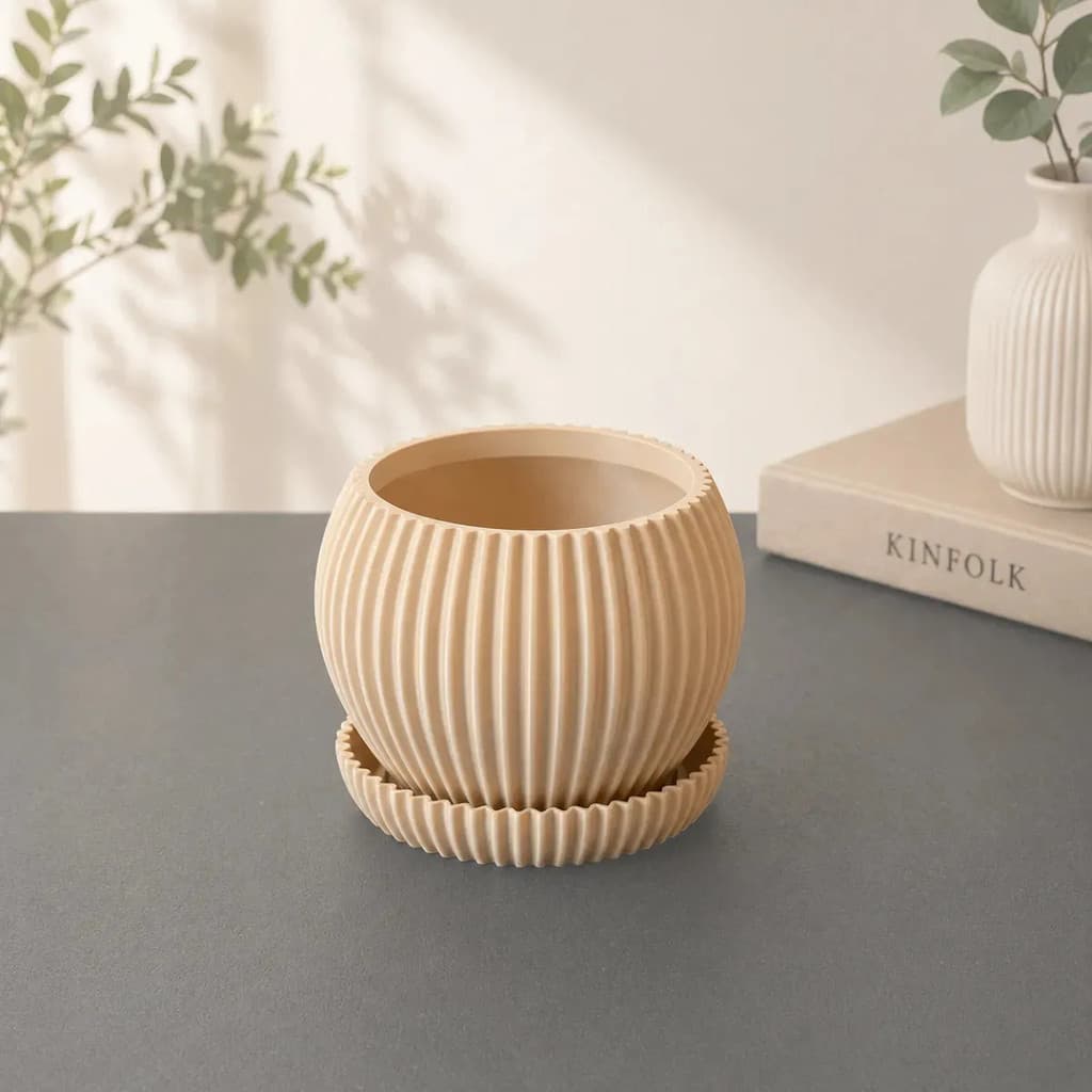 Vaso Decorativo Suculentas Cachepô Prato E Drenagem Moderno Verde Oliva Canelado
