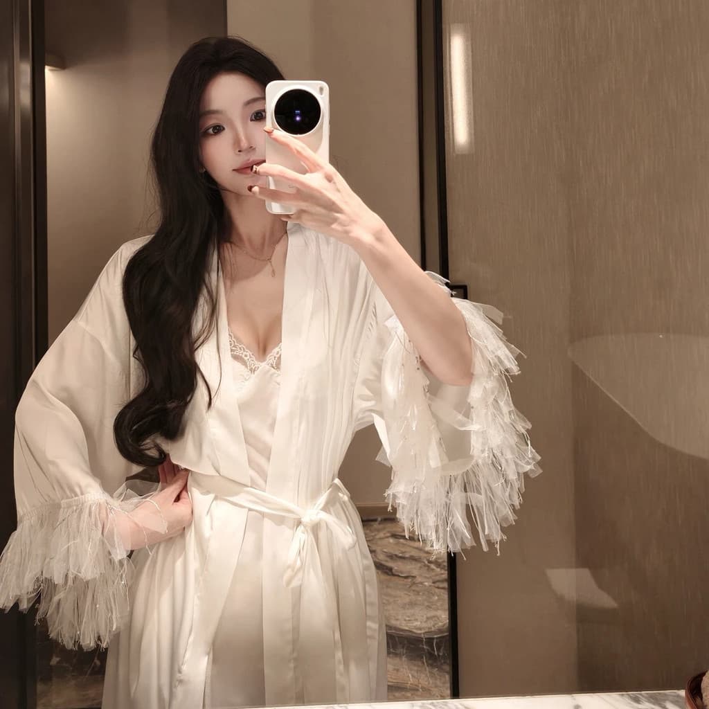 Roupa de dormir sensual para mulheres, roupão francês longo até o joelho em seda gelada fina, roupa de dormir de alta qu