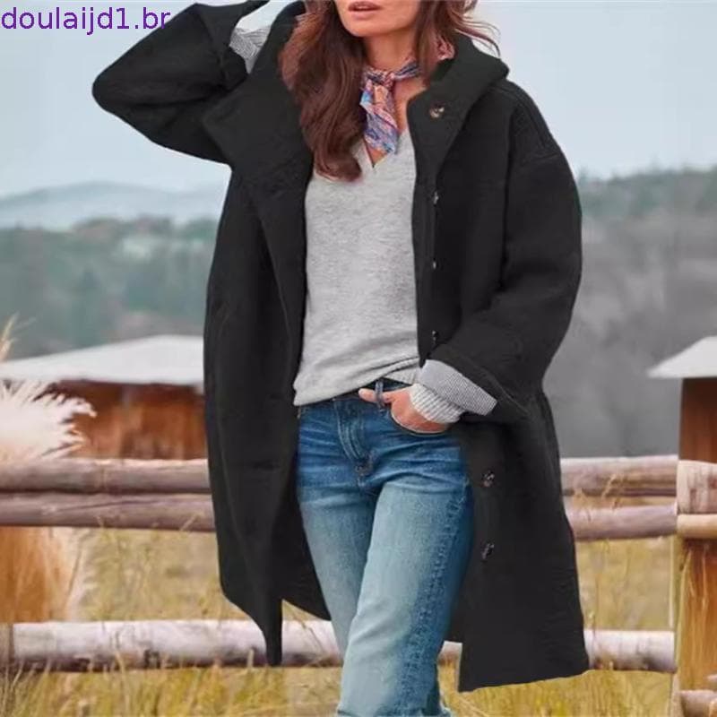 Outono E Inverno Feminino Manga Comprida Com Capuz , Casaco casual Solto De Lã Longo