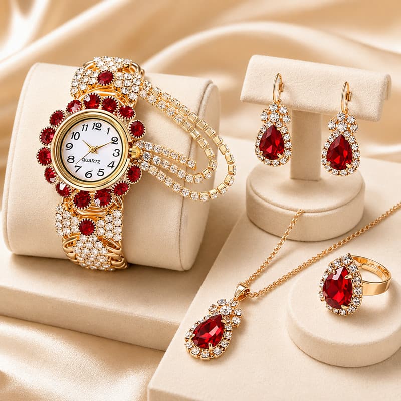 Conjunto Feminino Relógio Quartzo Colar Brincos Anel Pulseira Ajustável Luxo Presente Elegante