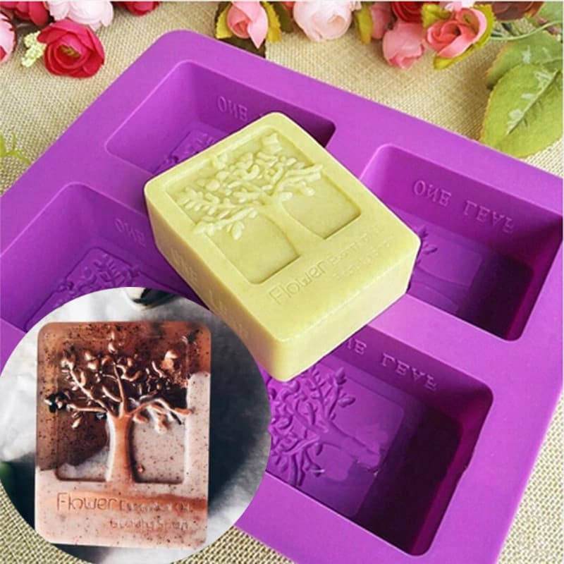 1 molde de silicone para sabão para produção artesanal DIY, formato de árvore retangular 3D, 4 formas diferentes de mold