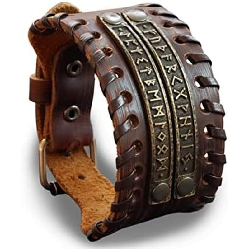 Baldr Jewelry Pulseira Ajustável De Couro Com Runa Viking , Elder Futhark | Envoltório Genuíno , Duas Placas De metal Ex