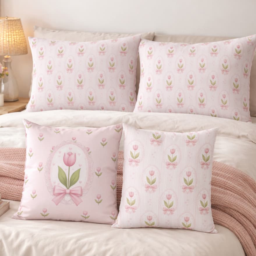 Capa de Almofada 45x45 + Fronha 50x70 Estampa Tulipa Rosa com Laço | Opções