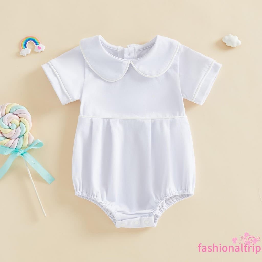 [FaSh] Macacão Bolha Com Acabamento Branco Para Bebês Meninas Manga Curta Gola Boneca