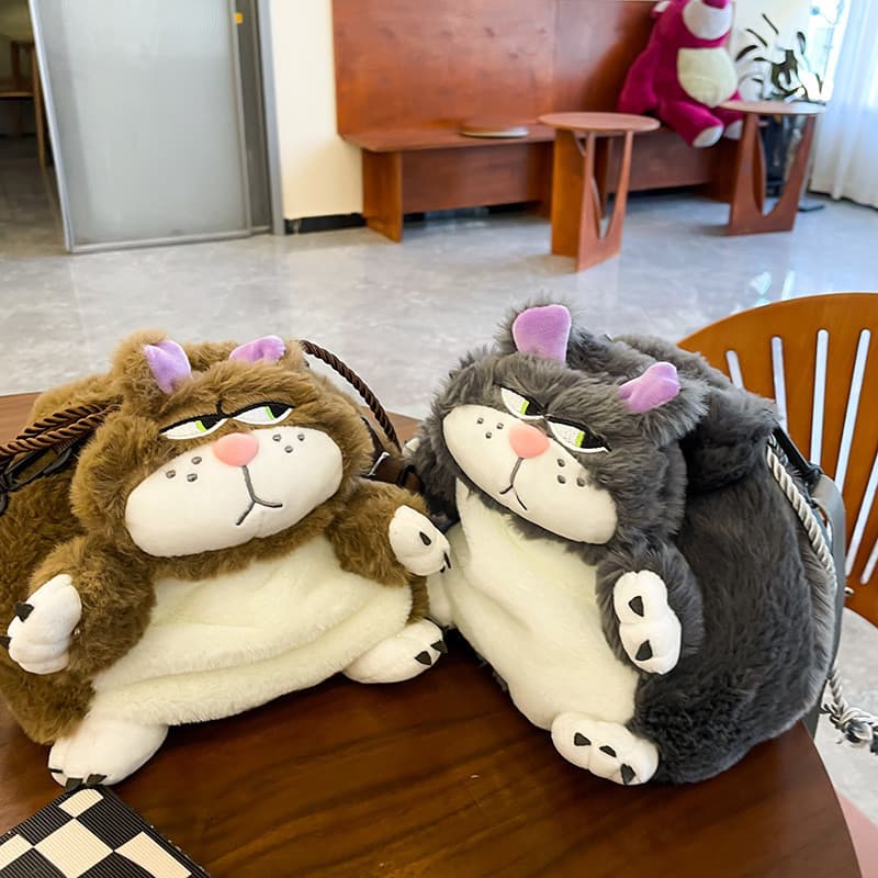 Plus Bolsa mensageiro de pelúcia Bolsa com cordão de grande capacidade Desenho de gato gordo fofo