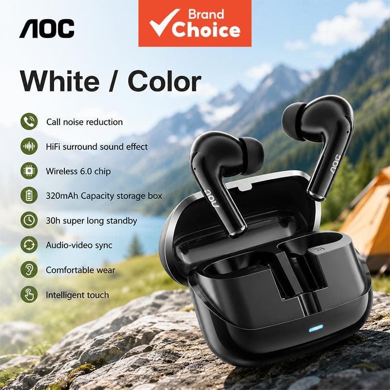 AOC ACT4635 Fones de Ouvido TWS, Fones de Ouvido 6.0, Sem Fio, Bateria de 30H, Efeito Surround, Baixa Latência, Fones