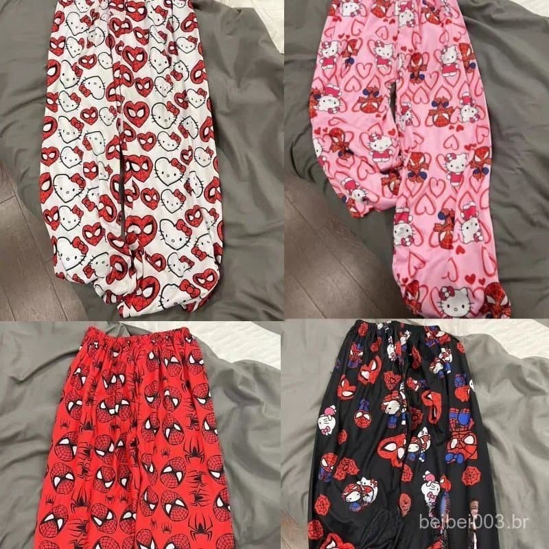 Venda Quente Super Homem-Aranha e Hello Kitty Pijamas de Algodão Soltos para Mulheres Calças de Pijama Casuais para Ho