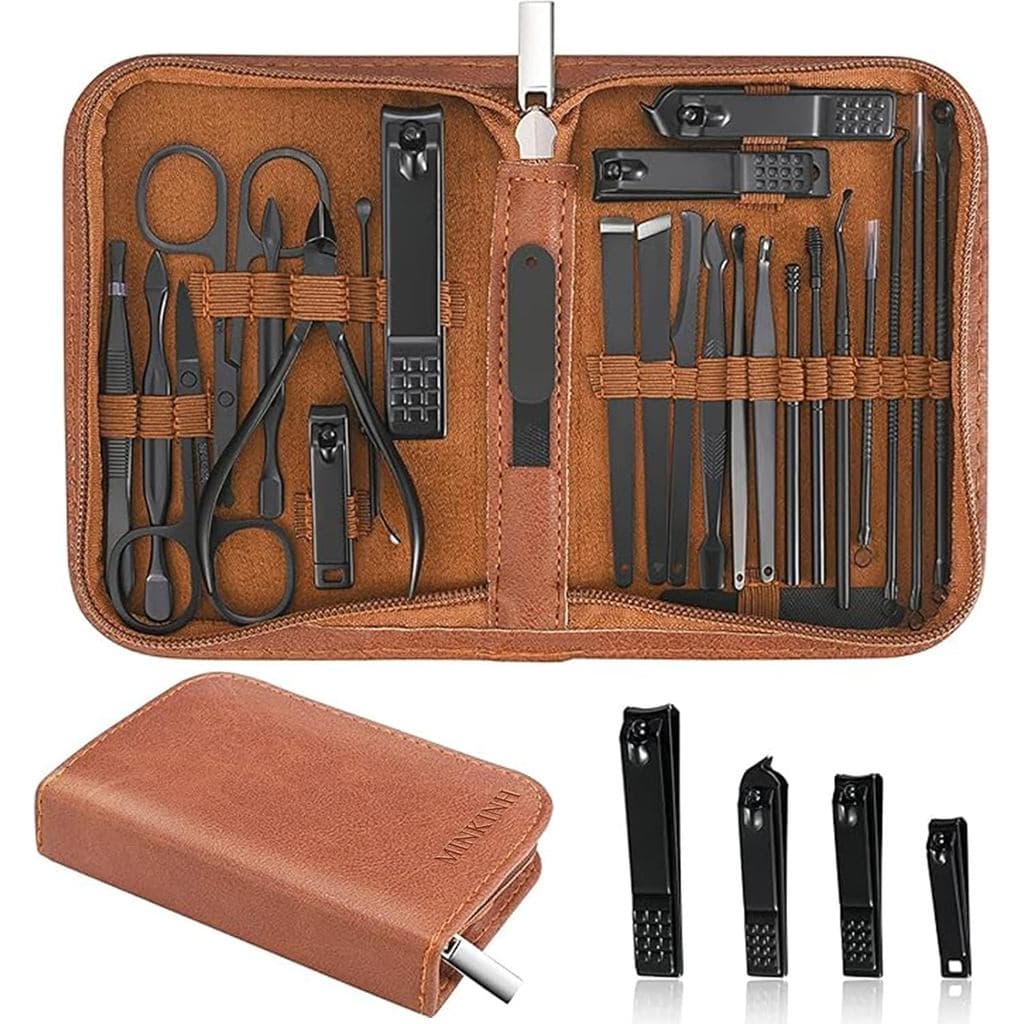 Conjunto de Manicure Profissional MINKINH - Kit de Cortador de Unhas com 26 Peças, Marrom |   Kit de Manicure em Aço Ino