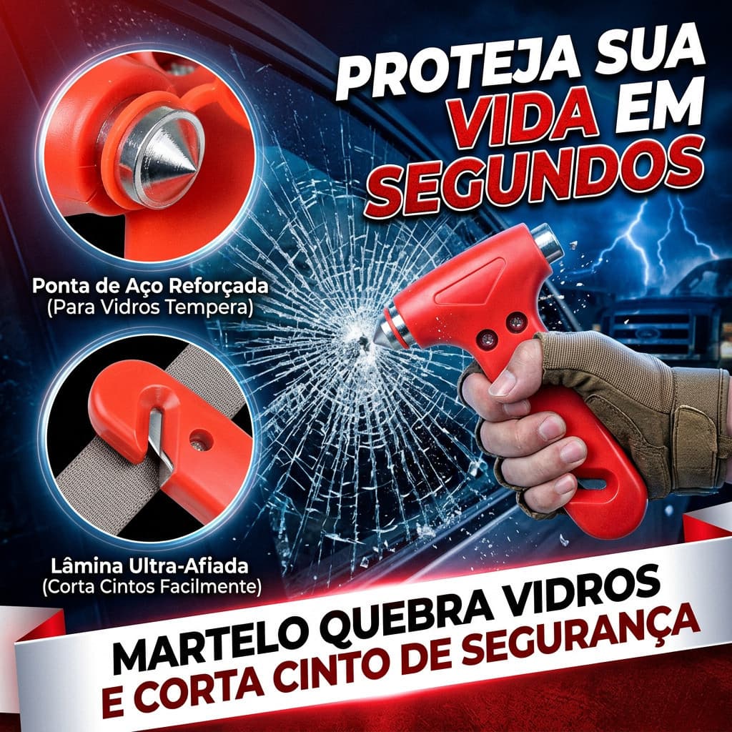 Martelo Quebra Vidros e Corta Cinto em Casos de Acidente Item de Segurança