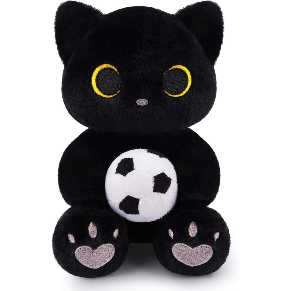 Pelúcia de Gato Preto Jogador de Futebol, Brinquedo de Pelúcia de Gato Preto com Bola de Futebol |   Pelúcia Macia com B