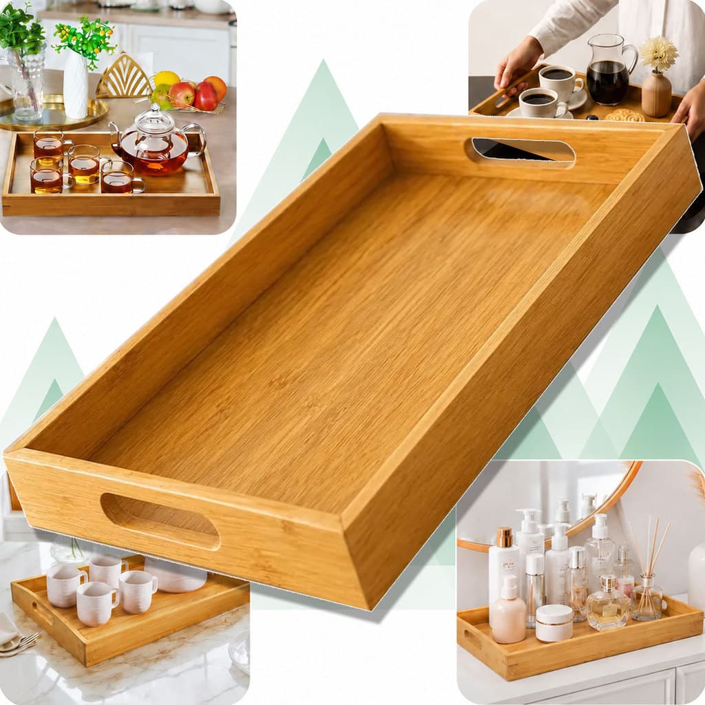 Bandeja de Bambu Retangular Grande Premium com Alças Café da Manhã Decoração Organização
