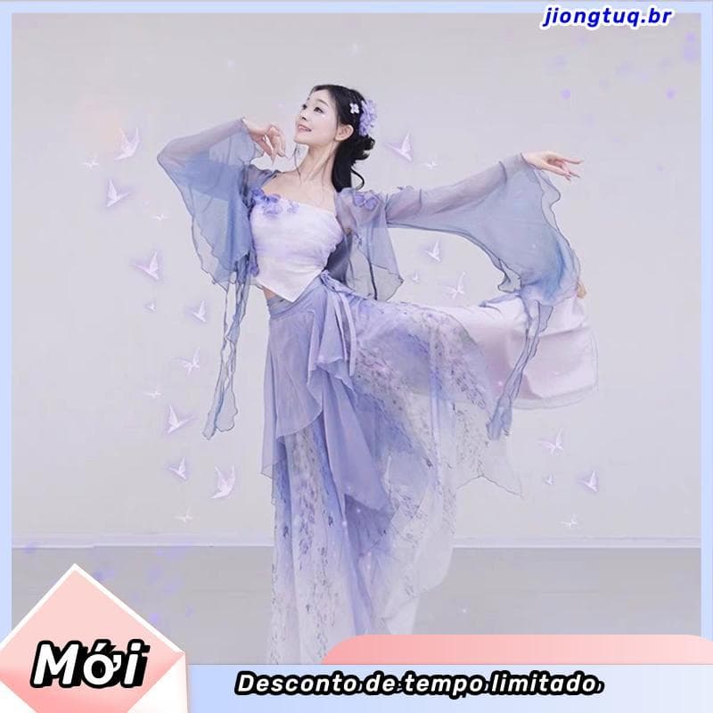 Dança clássica gradiente elegante gaze roupas fada trompete dança estilo antigo manga exterior dupla camada chinês Hakam