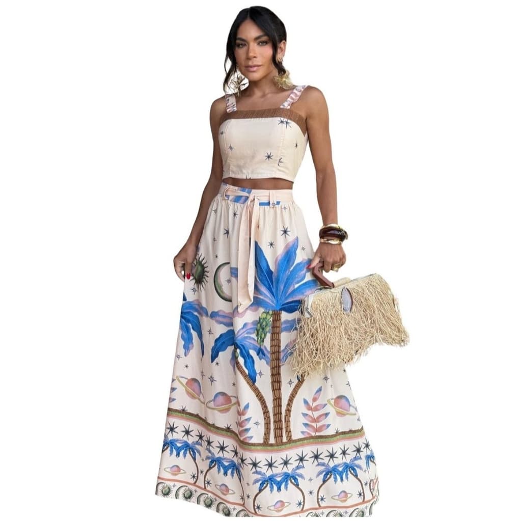 Conjunto Feminino Cropped e Saia Longa Estampado Floral Verão Tropical Viscosarja Premium Moda Elegante