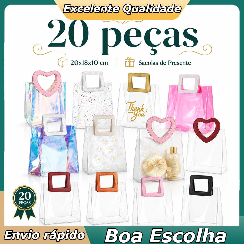 Bolsa Transparente de PVC 20 Peças 20x18x10cm para Lembrança, Aniversário, Evento e Organização Leve Fácil e Bonita