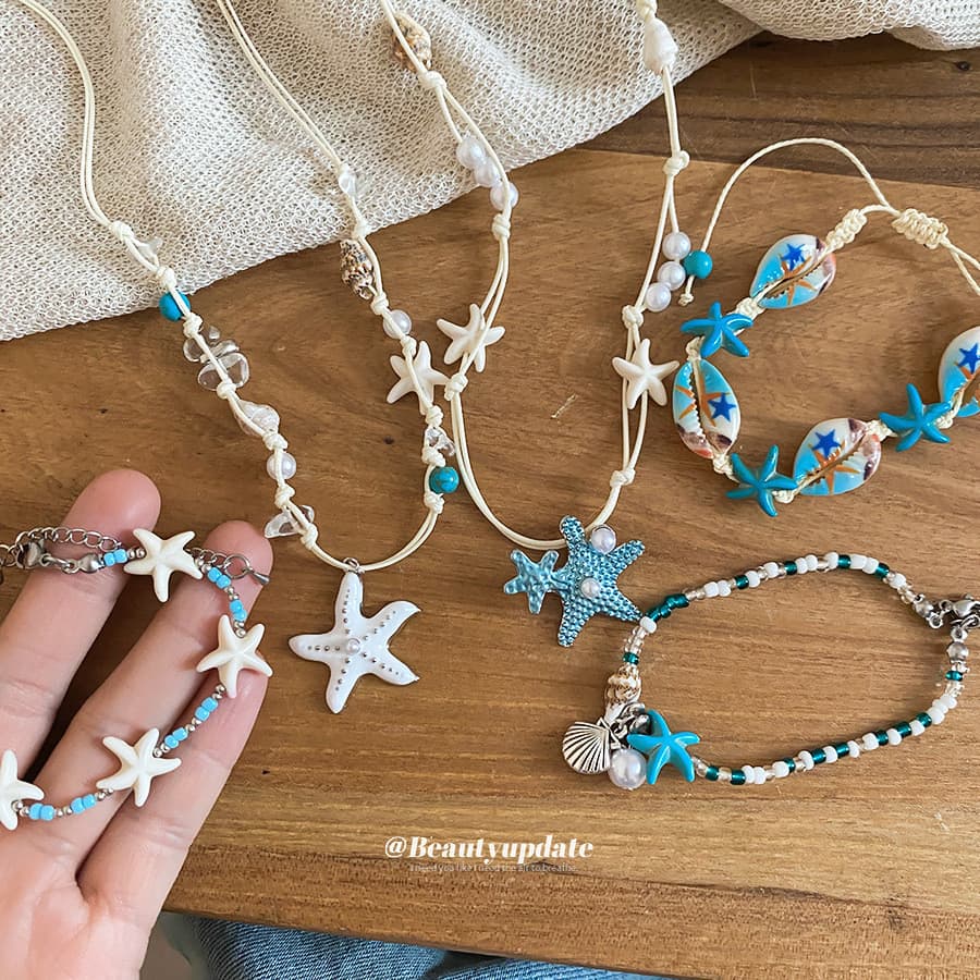 Seaside férias concha estrela do mar pulseira colar luz luxo nicho pequeno conjunto de jóias frescas Design exclusivo jó
