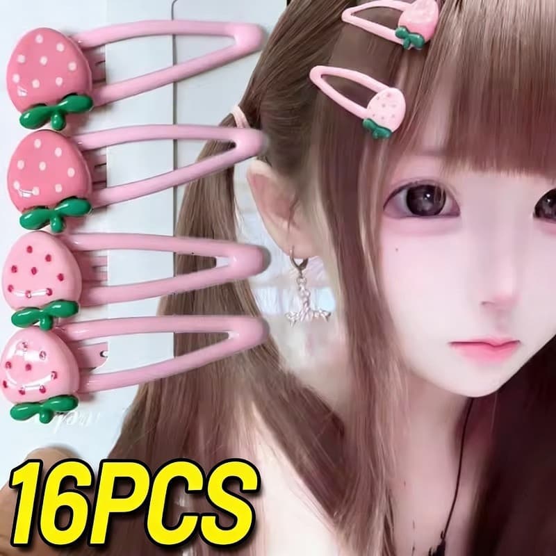 4-16 Peças De Grampos De Cabelo De Morango Rosa-Para Mulheres E Meninas , Uso Diário-Lindo Grampo BB Snap-Clipe De Bico