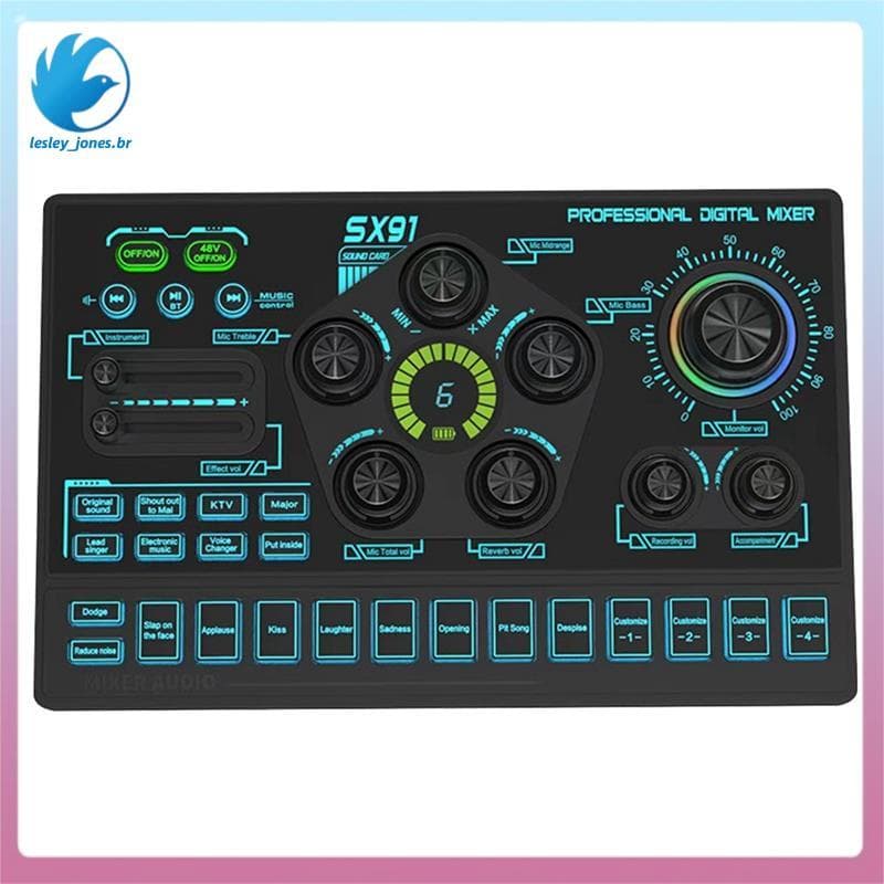 [lesley_jones.br] SX91 Placa De Som Ao Vivo Mixer USB Amplificador De Console De Mixagem De Áudio Profissional Para Cant
