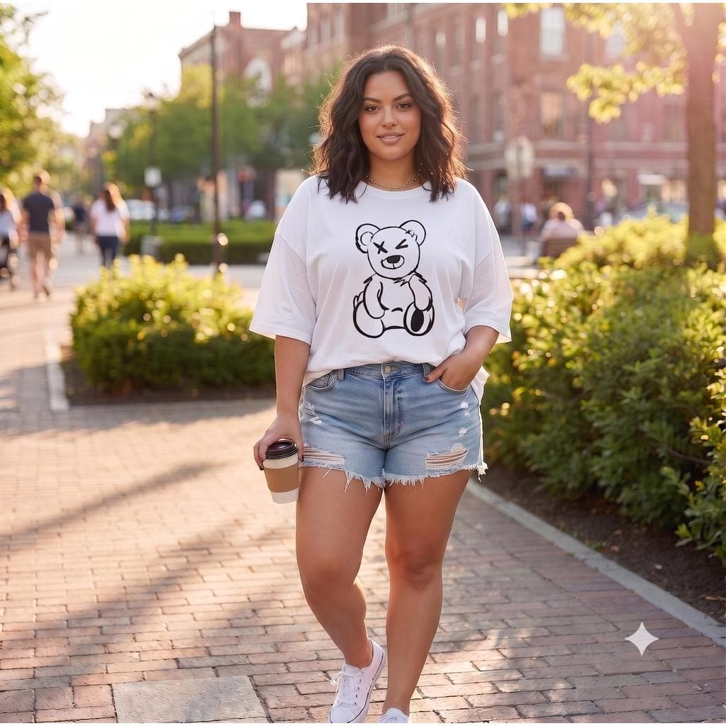 Camiseta Plus Size Feminina Urso retalho Estampada Algodão G1 G2 G3 G4 G5Tamanho Grande Mulher