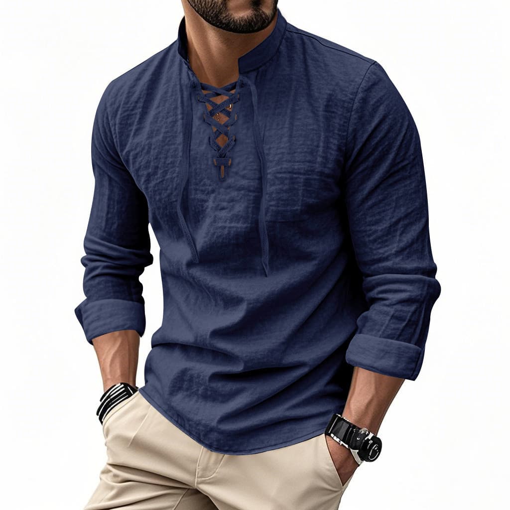 Camisa masculina de cor sólida de manga comprida nova camisa de linho Casual praia gola alta