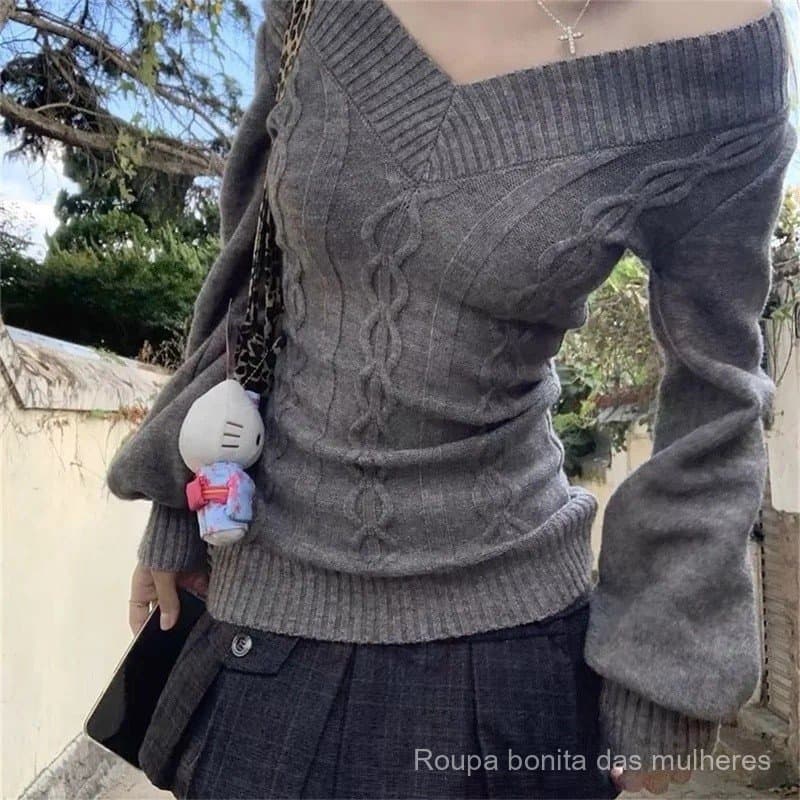 Blusas de Tricô Vintage com Decote em V para Mulheres, Novos Suéteres de Outono 2025, Pulôveres Slim de Manga Longa, Pul