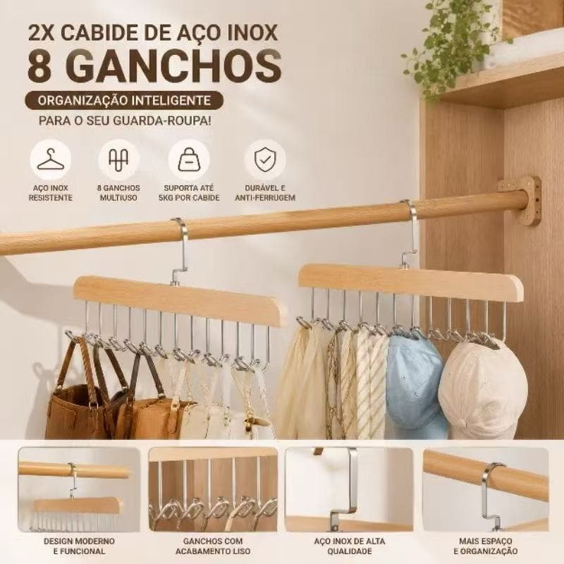 Cabide Multifuncional de Madeira para Alças Sutiã Regatas Lenços Gravatas Organizador de Guarda-Roupa 8 Ganchos