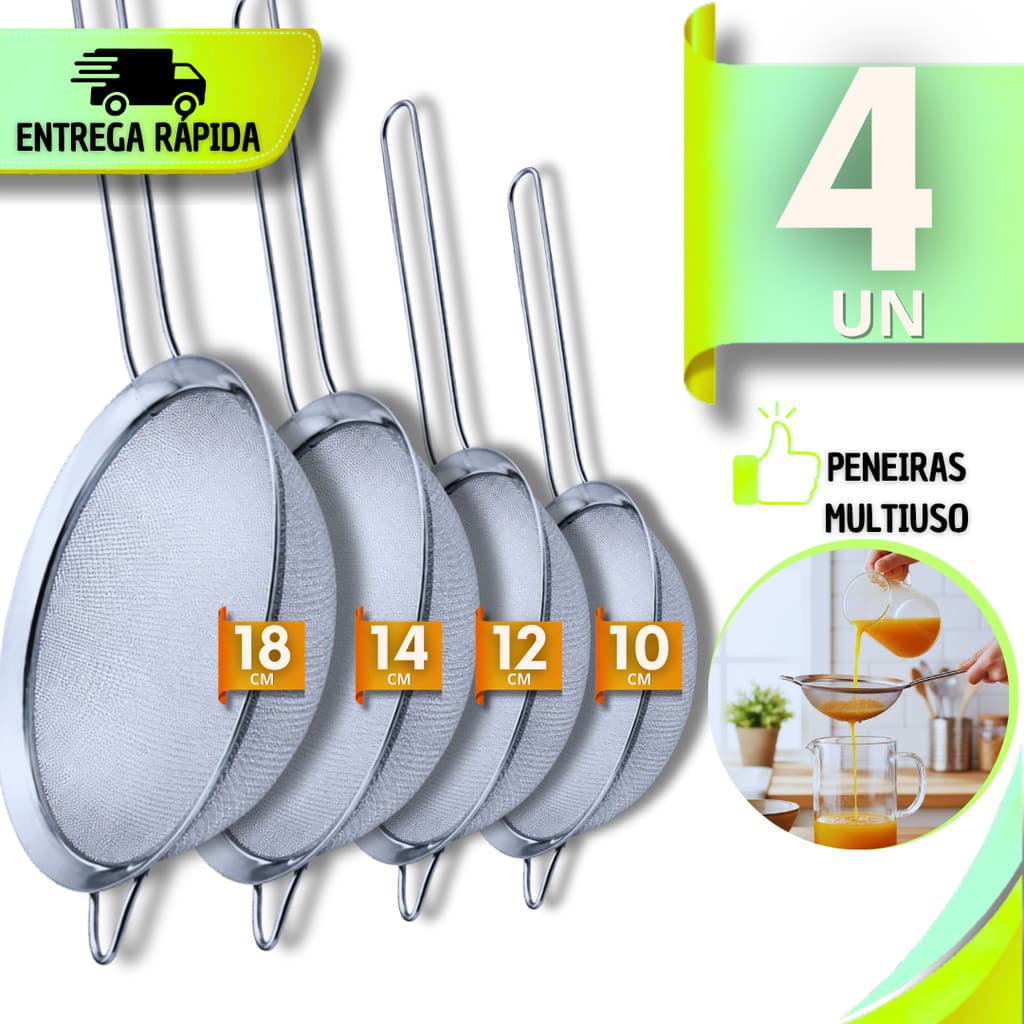 Utensílio Peneiras Aço Inox para cozinha18/14/12/10cm Coador Farinha Suco Confeitaria Cozinha Restaurante Utensílios