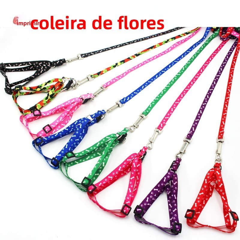 Coleira para animais de estimação no atacado, conjunto de coleira e guia para animais de estimação com estampa de osso,