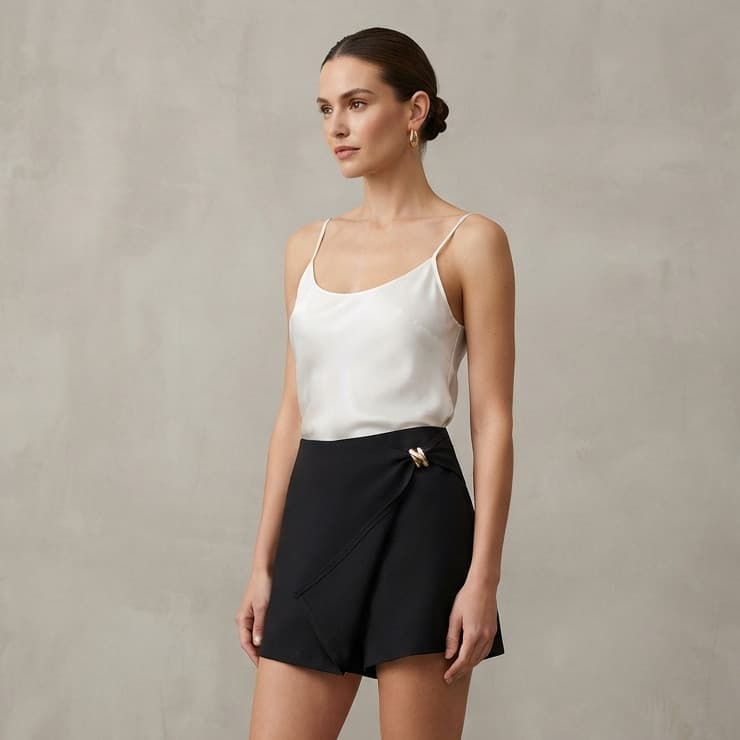 Shorts Saia Feminina Alfaiataria Transpassada com Fivela Dourada