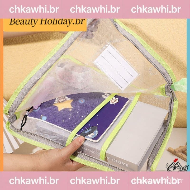 Bolsa De Arquivo De Malha De Nylon De Abertura Grande-Com Zíper Transparente Armazenamento De Três Camadas-Recipiente Po