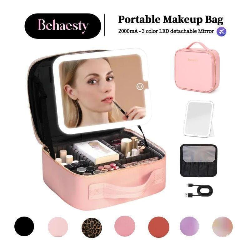 Bolsa de Maquiagem Portátil Behaesty com Luz LED de 3 Cores, Espelho Removível, Bateria de 2000mAh Recarregável por USB,