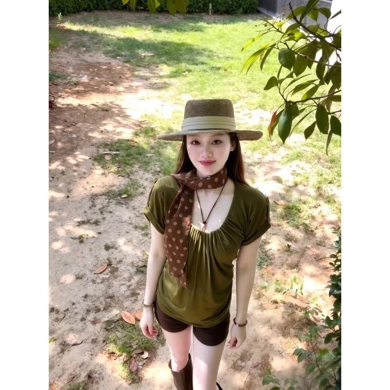 Top solto Casual de manga curta com cintura estreita plissada de tamanho grande