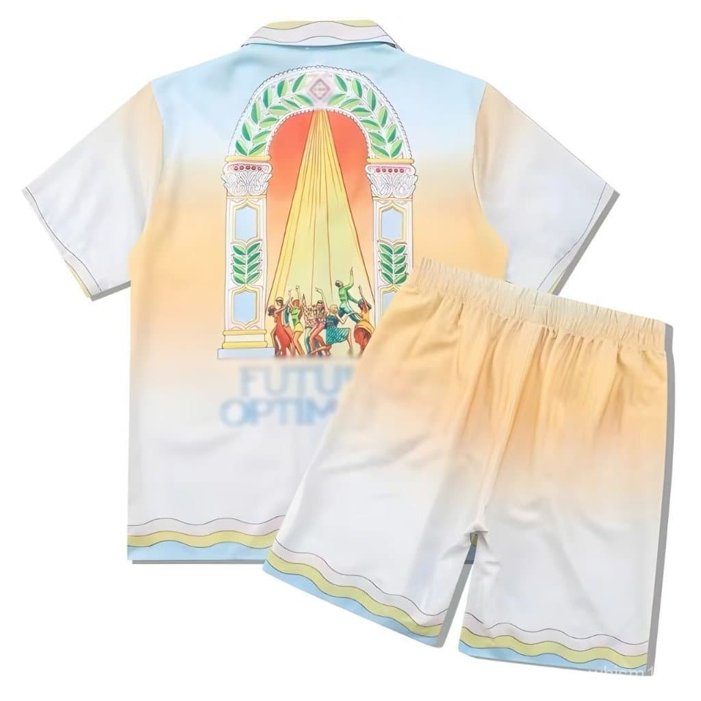 Conjunto de Camisa e Shorts Masculino com Estampa Gradiente Verde Concha, Casual, para Férias, Praia, Botã