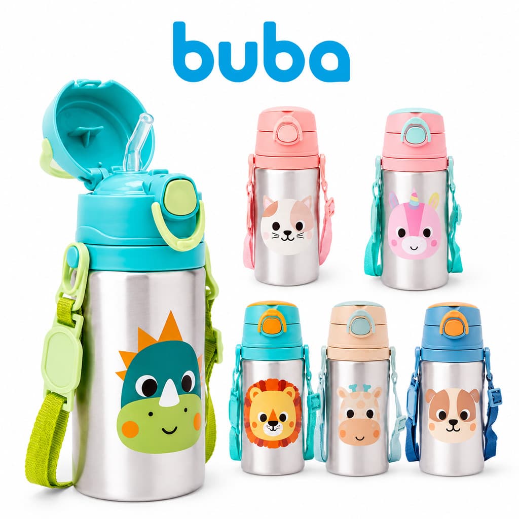 Garrafa de Água Infantil Buba 400ml Animal Fun Alumínio com Canudo e Alça