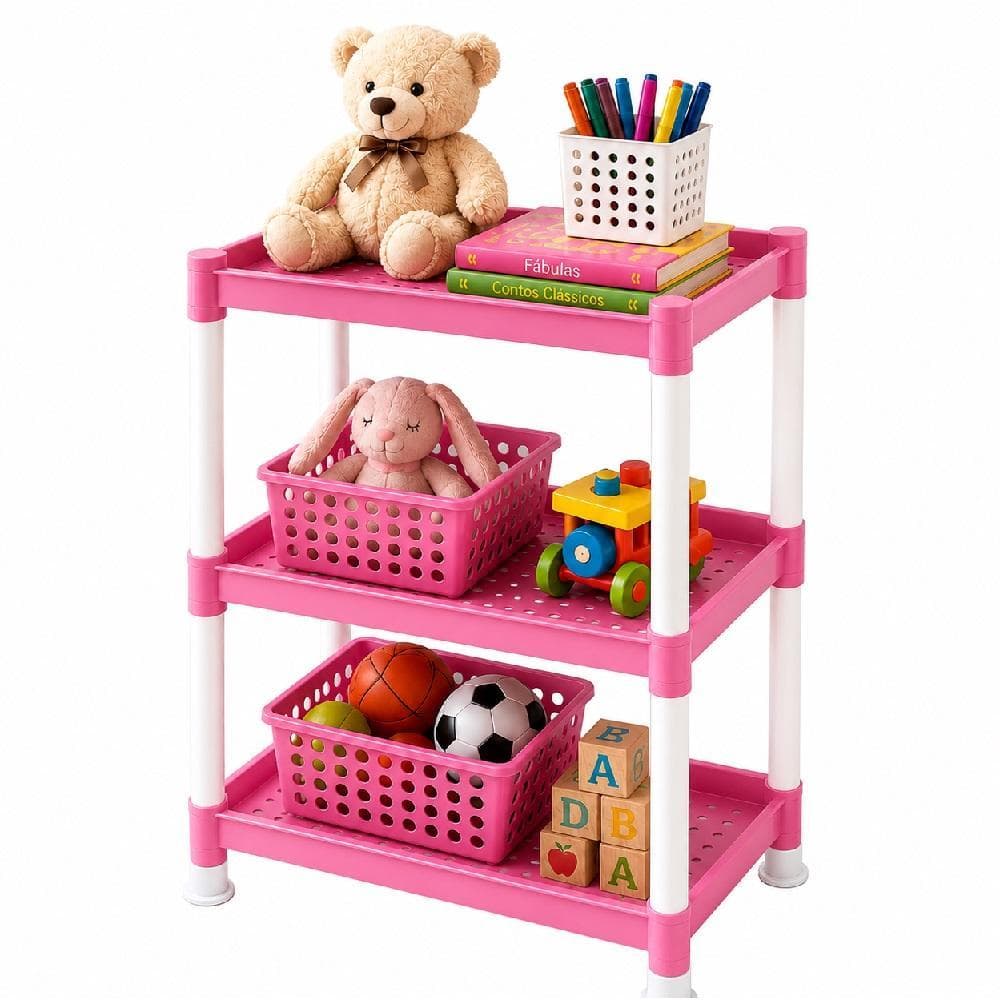 Estante Infantil Rosa Tripla 3 Andares Organizador Brinquedos Livros Roupas Sapatos Cestos Multiuso Quarto Meninas