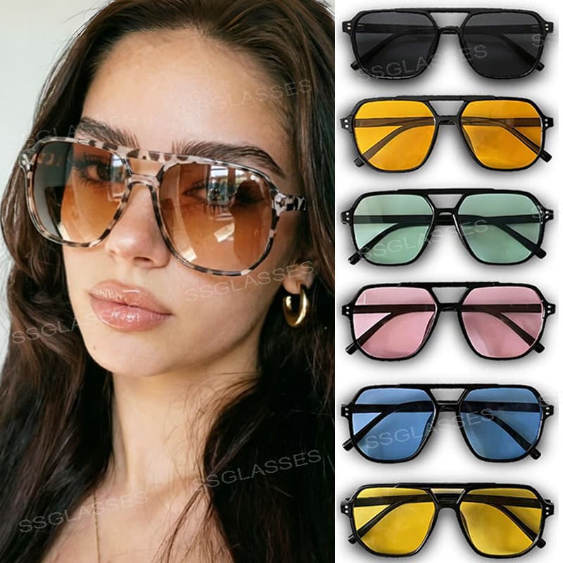 Retro Duplo Feixe Grande Quadro Cor Lente Transparente Óculos De Sol Para Mulheres Moda Ao Ar Livre Condução Praia Resis
