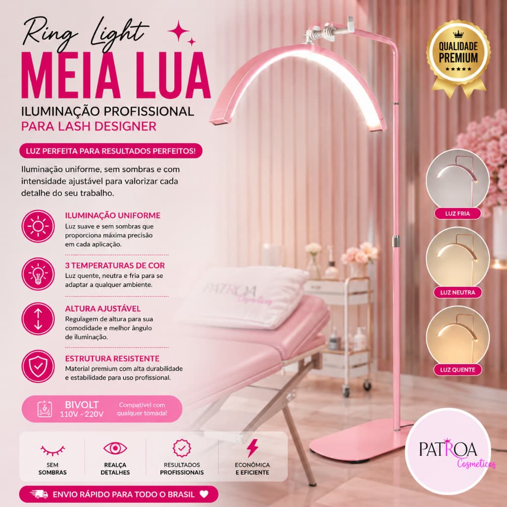 RING LIGHT LUMINÁRIA MEIA LUA - LASHES ALONAGMENTO CILIOS E SOBRANCELHAS  ESTÉTICA MACA  BIVOLT