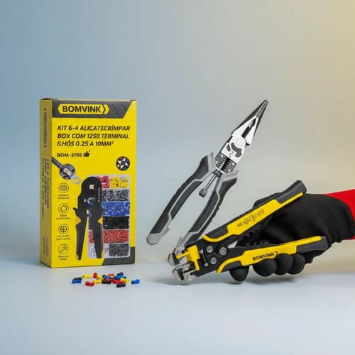 Kit Bomvink: Alicate Crimpador Preto Amarelo 0.25/10mm + Alicate Universal Bico Fino + Alicate Decapador